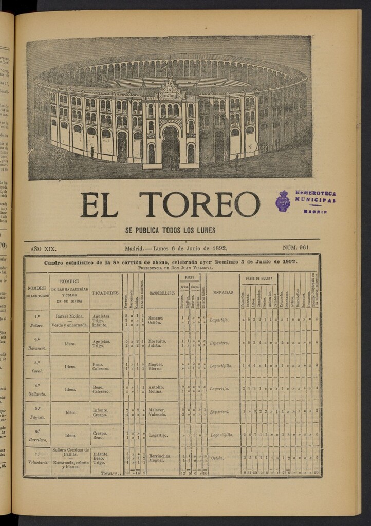 Miniatura de El Toreo: suplemento a "La Correspondencia Teatral" del 6 de junio de 1892, nº 961