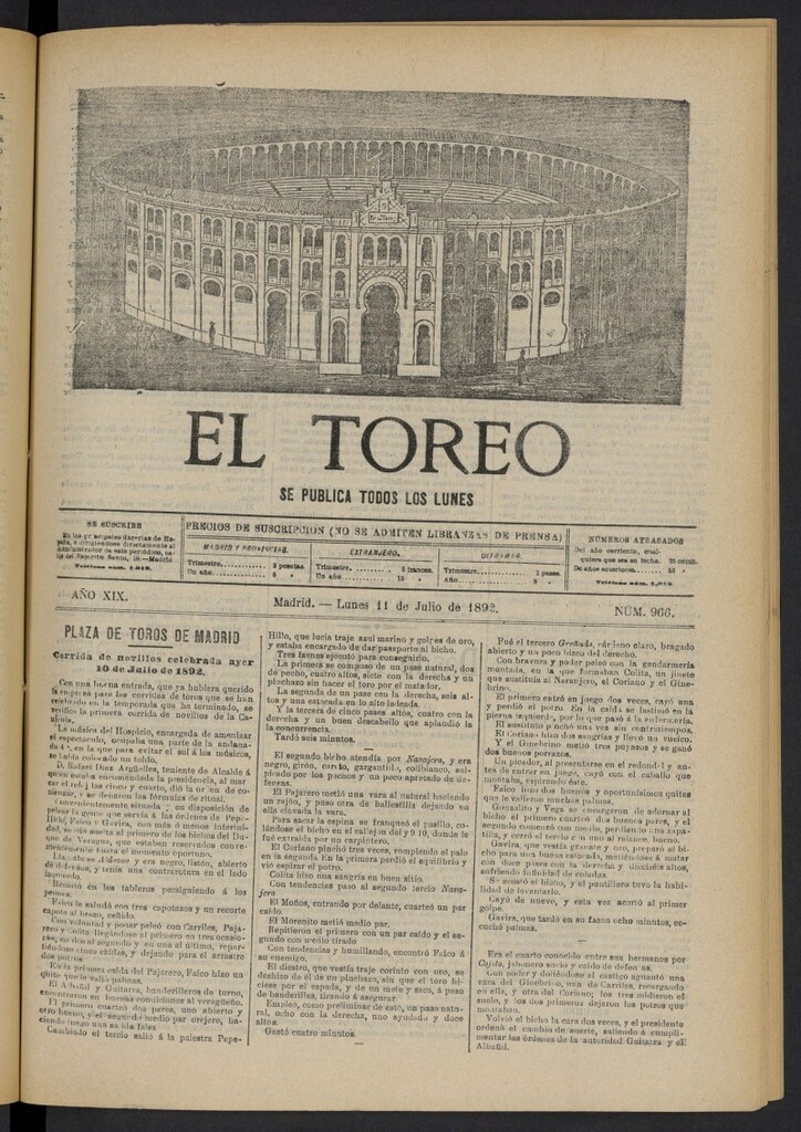 Miniatura de El Toreo: suplemento a "La Correspondencia Teatral" del 11 de julio de 1892, nº 966