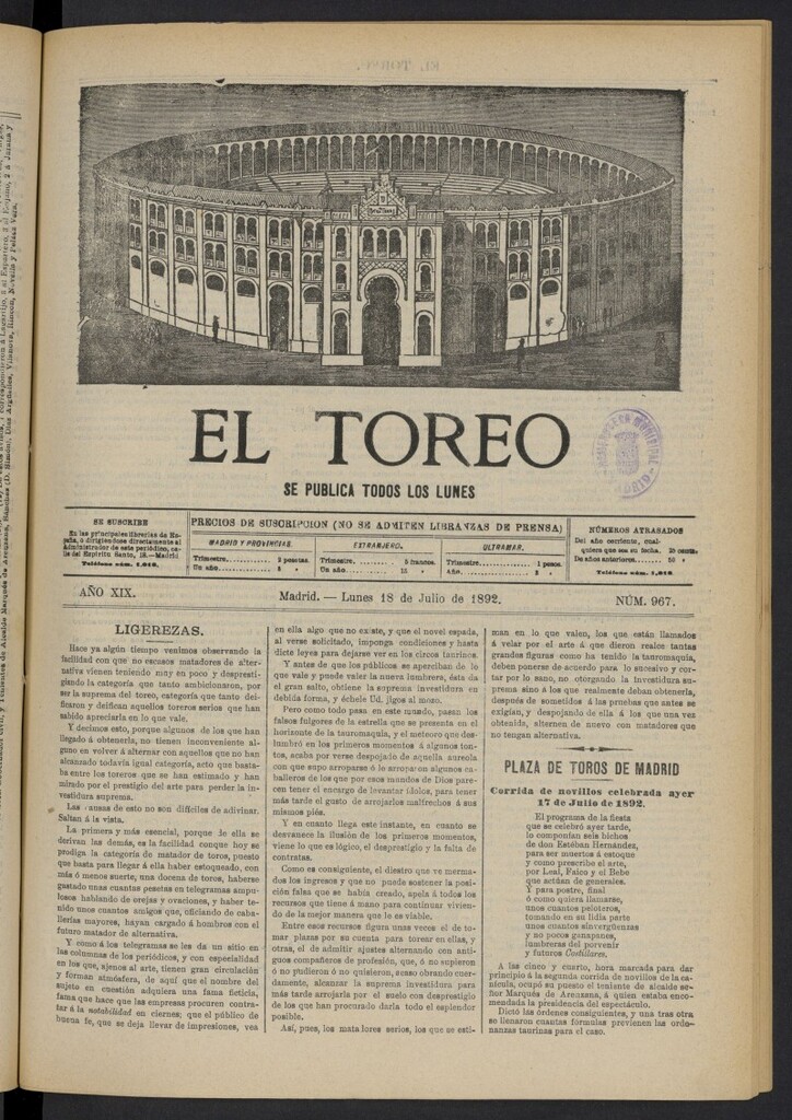 Miniatura de El Toreo: suplemento a "La Correspondencia Teatral" del 18 de julio de 1892, nº 967
