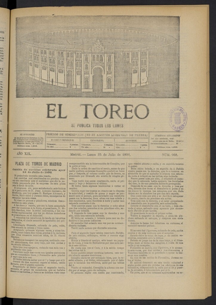 Miniatura de El Toreo: suplemento a "La Correspondencia Teatral" del 25 de julio de 1892, nº 968