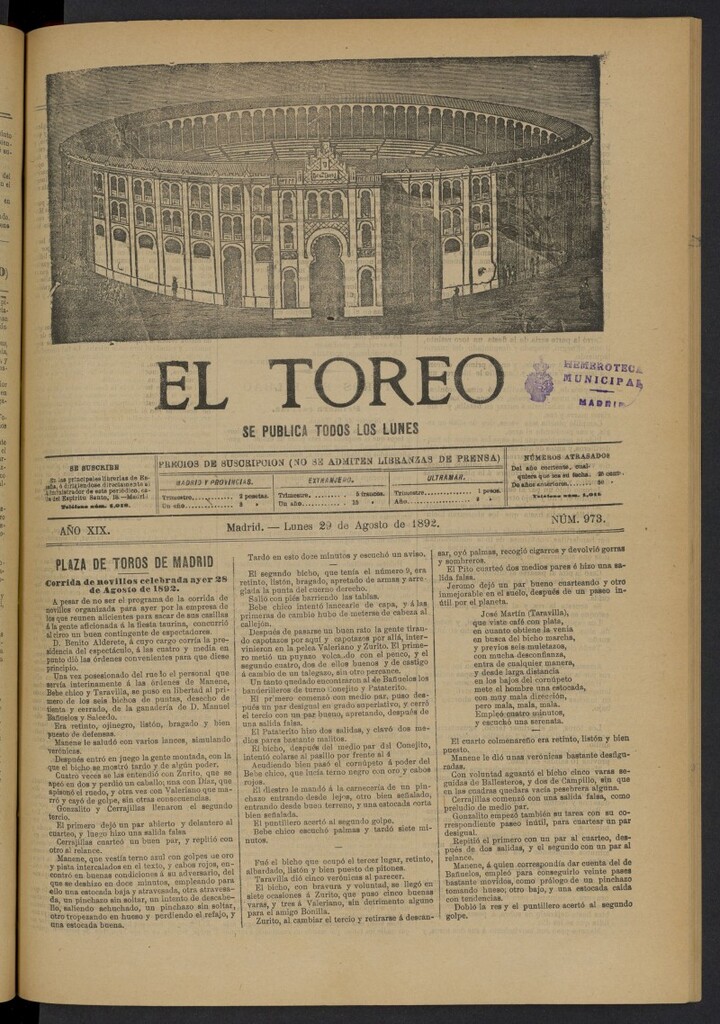 Miniatura de El Toreo: suplemento a "La Correspondencia Teatral" del 29 de agosto de 1892, nº 973