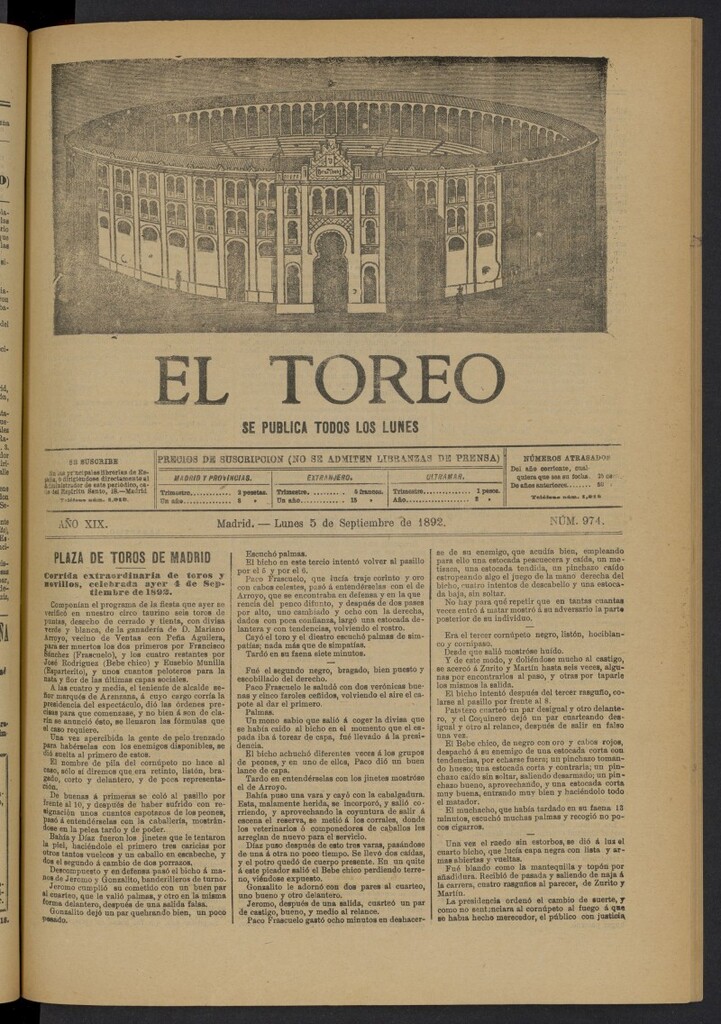 Miniatura de El Toreo: suplemento a "La Correspondencia Teatral" del 5 de septiembre de 1892, nº 974