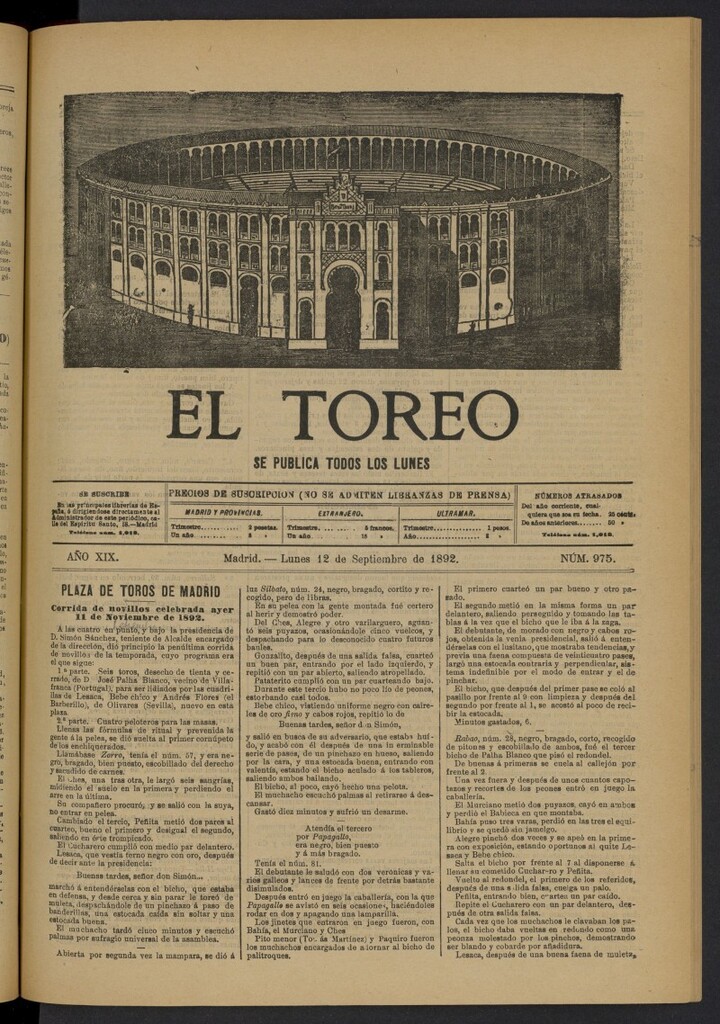 Miniatura de El Toreo: suplemento a "La Correspondencia Teatral" del 12 de septiembre de 1892, nº 975