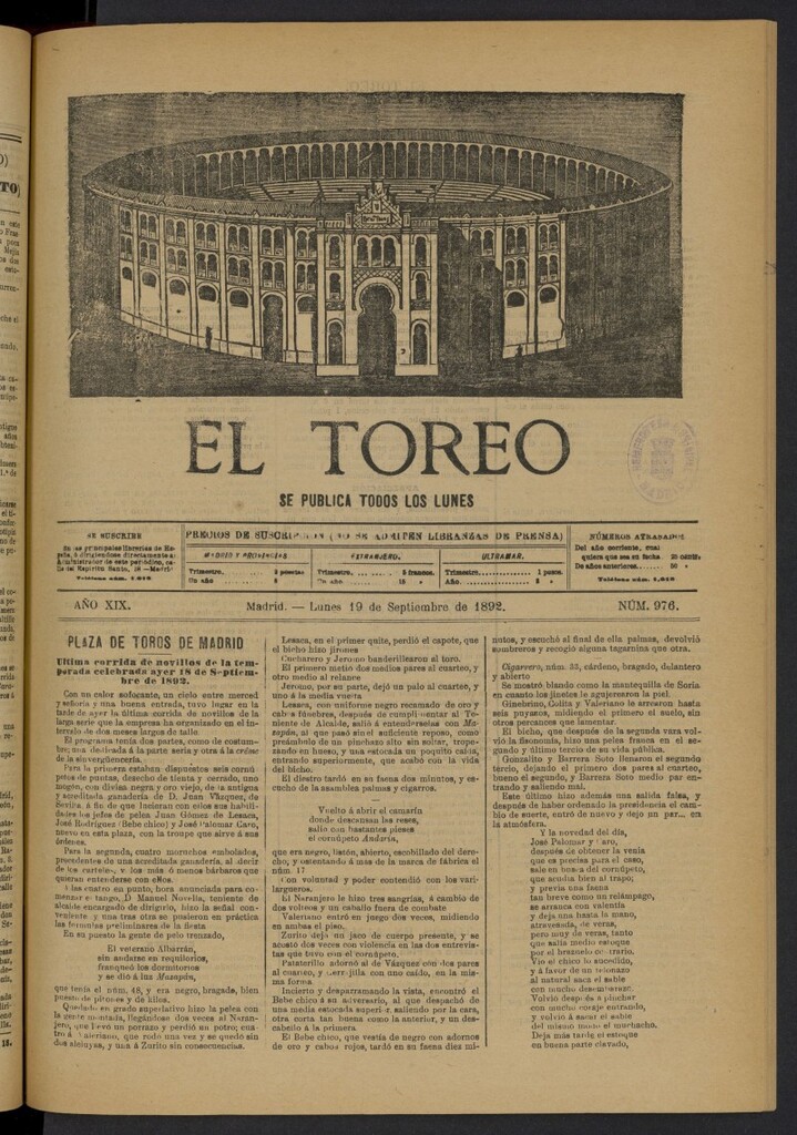 Miniatura de El Toreo: suplemento a "La Correspondencia Teatral" del 19 de septiembre de 1892, nº 976