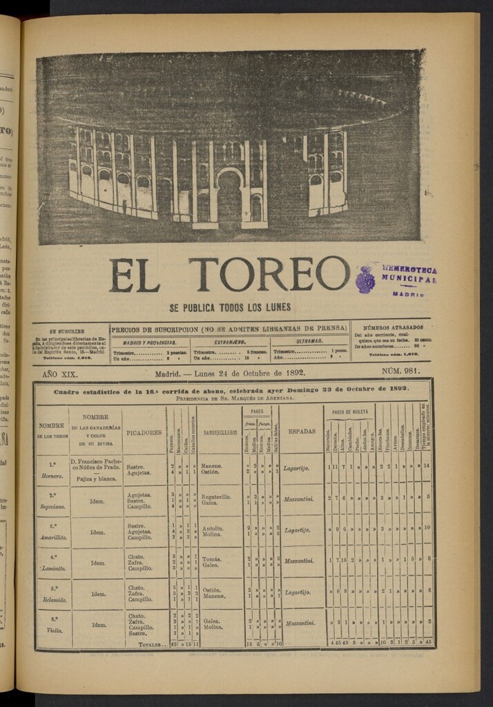 Miniatura de El Toreo: suplemento a "La Correspondencia Teatral" del 24 de octubre de 1892, nº 981