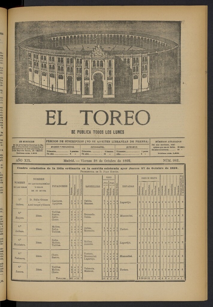 Miniatura de El Toreo: suplemento a "La Correspondencia Teatral" del 28 de octubre de 1892, nº 982