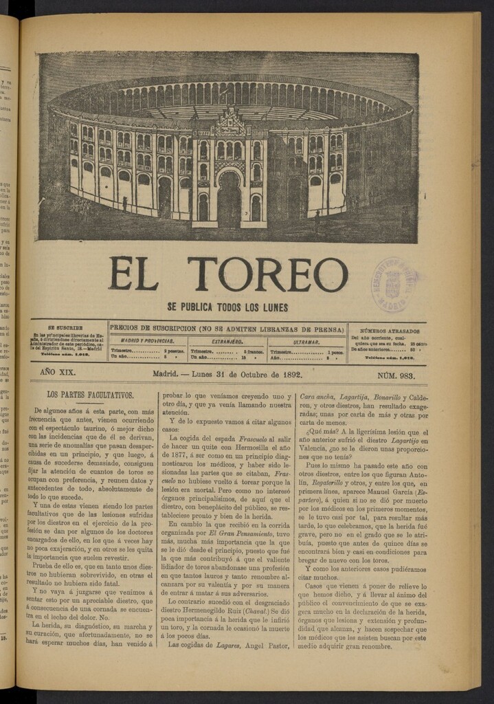 Miniatura de El Toreo: suplemento a "La Correspondencia Teatral" del 31 de octubre de 1892, nº 983