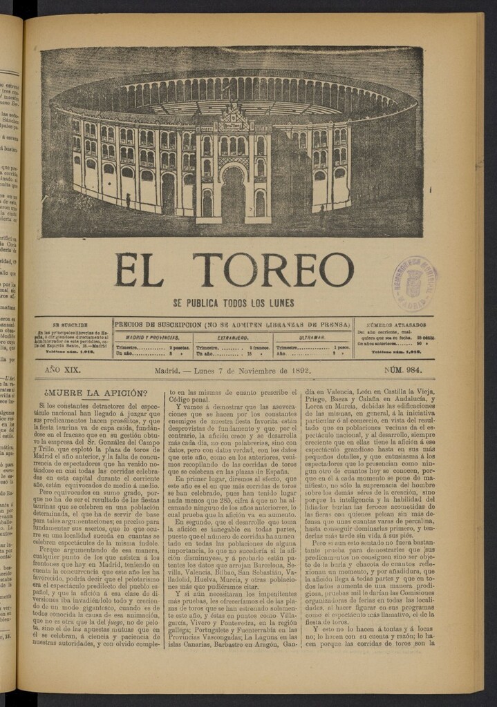 Miniatura de El Toreo: suplemento a "La Correspondencia Teatral" del 7 de noviembre de 1892, nº 984