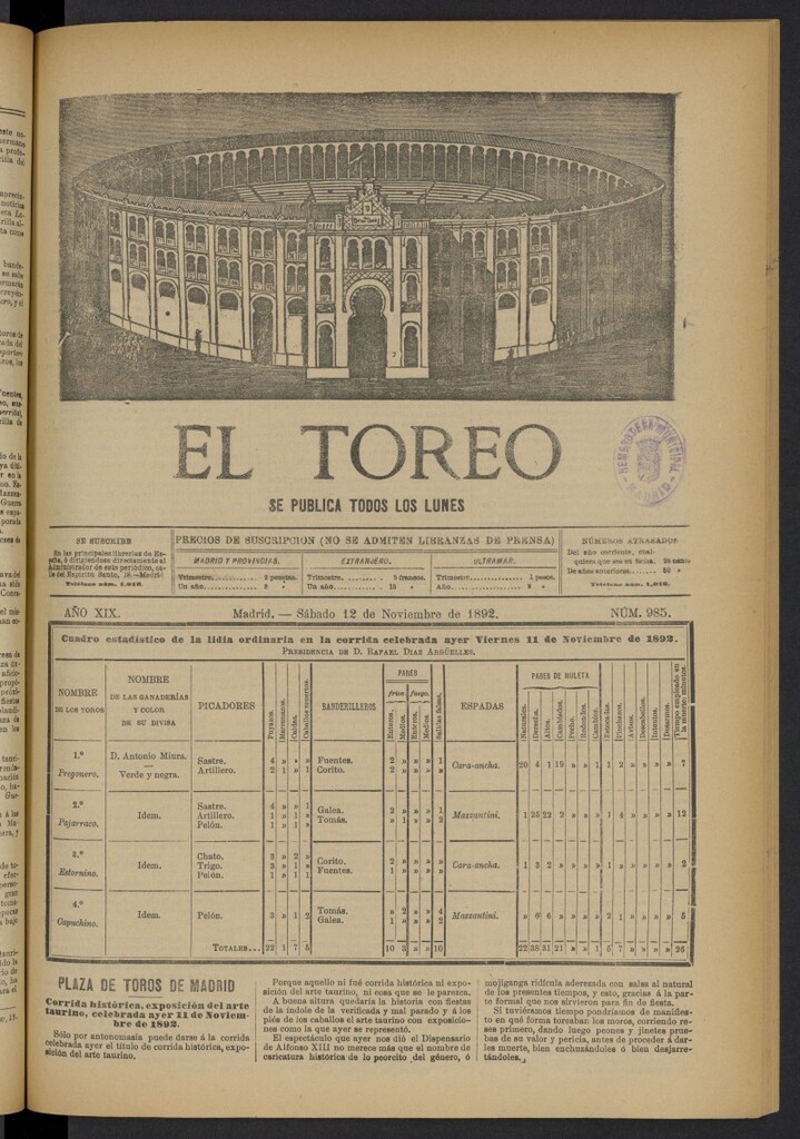 Miniatura de El Toreo: suplemento a "La Correspondencia Teatral" del 12 de noviembre de 1892, nº 985