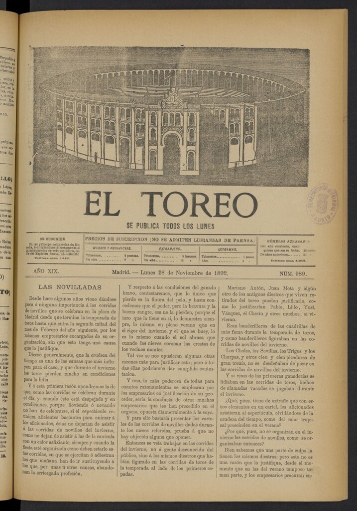 Miniatura de El Toreo: suplemento a "La Correspondencia Teatral" del 28 de noviembre de 1892, nº 989