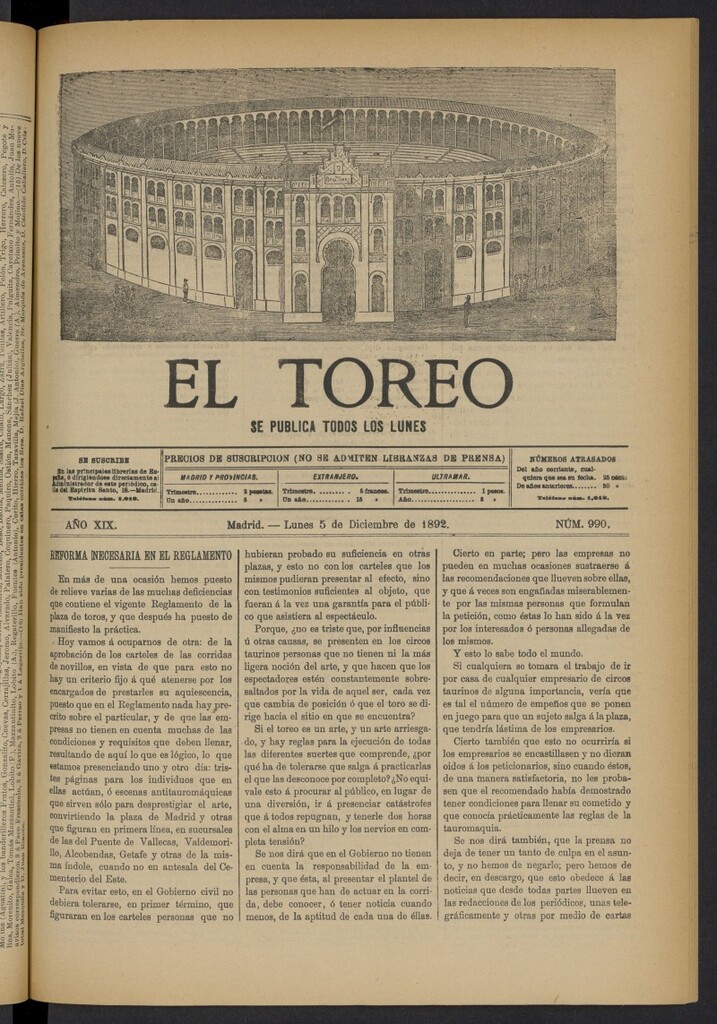 Miniatura de El Toreo: suplemento a "La Correspondencia Teatral" del 5 de diciembre de 1892, nº 990