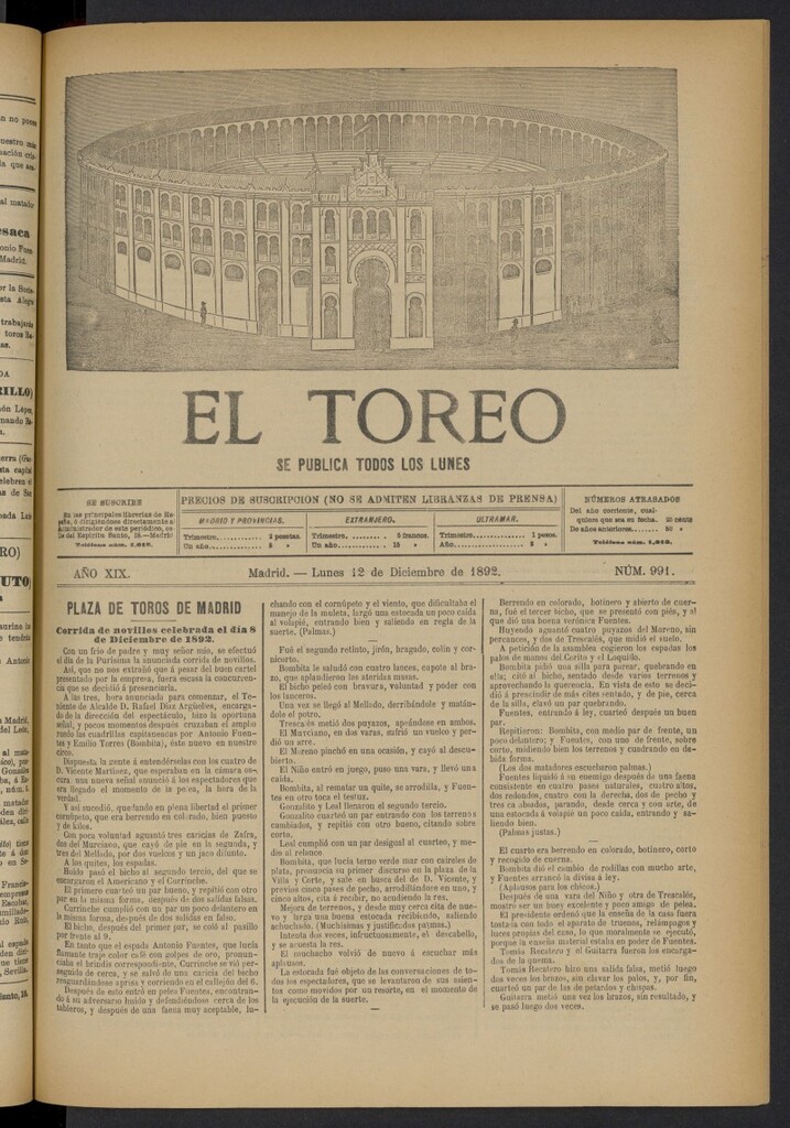 Miniatura de El Toreo: suplemento a "La Correspondencia Teatral" del 12 de diciembre de 1892, nº 991