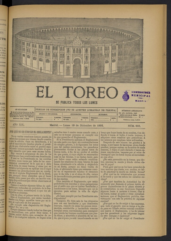 Miniatura de El Toreo: suplemento a "La Correspondencia Teatral" del 19 de diciembre de 1892, nº 992