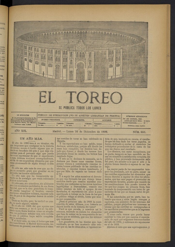Miniatura de El Toreo: suplemento a "La Correspondencia Teatral" del 26 de diciembre de 1892, nº 993