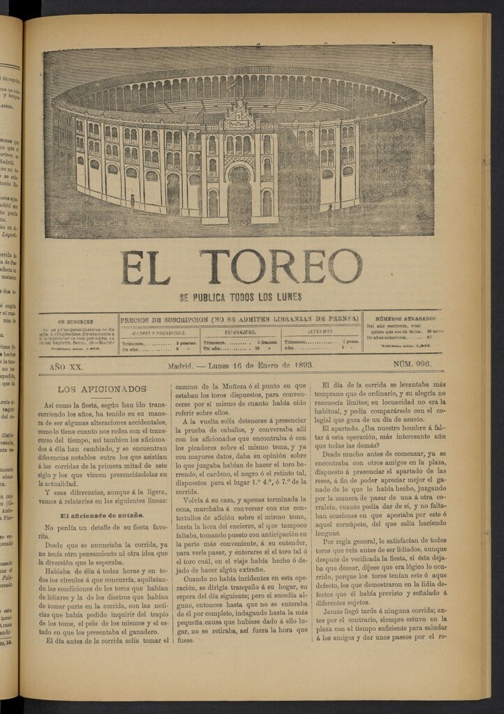 Miniatura de El Toreo: suplemento a "La Correspondencia Teatral" del 16 de enero de 1893, nº 996