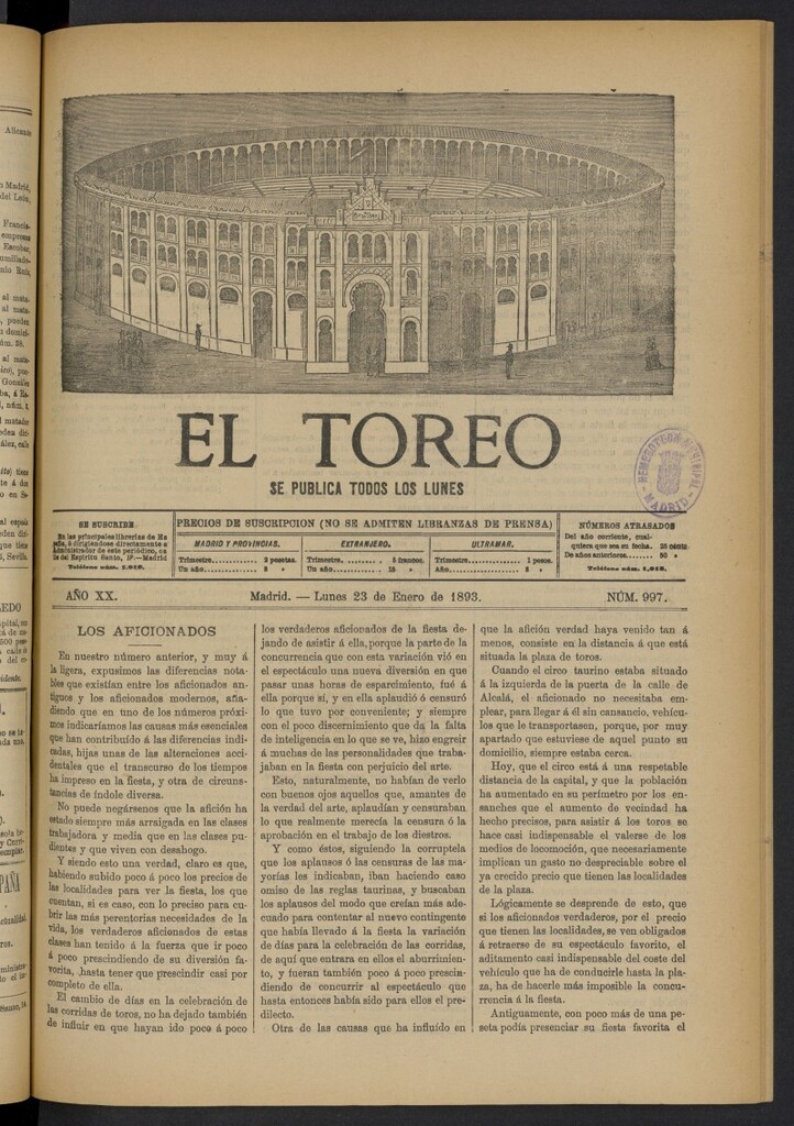 Miniatura de El Toreo: suplemento a "La Correspondencia Teatral" del 23 de enero de 1893, nº 997