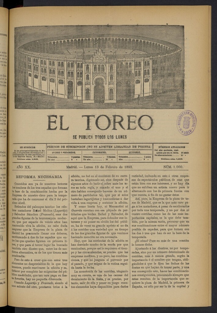 Miniatura de El Toreo: suplemento a "La Correspondencia Teatral" del 13 de febrero de 1893, nº 1000
