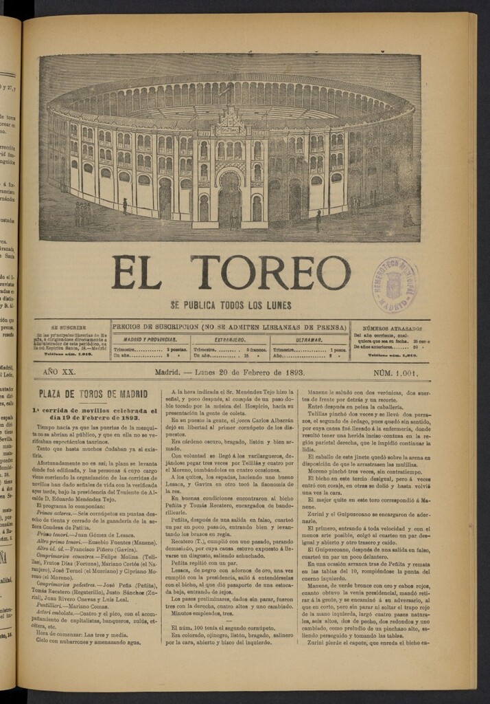 Miniatura de El Toreo: suplemento a "La Correspondencia Teatral" del 20 de febrero de 1893, nº 1001