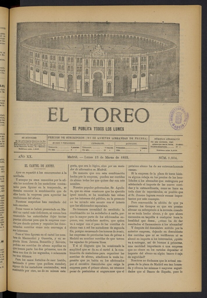 Miniatura de El Toreo: suplemento a "La Correspondencia Teatral" del 13 de marzo de 1893, nº 1004