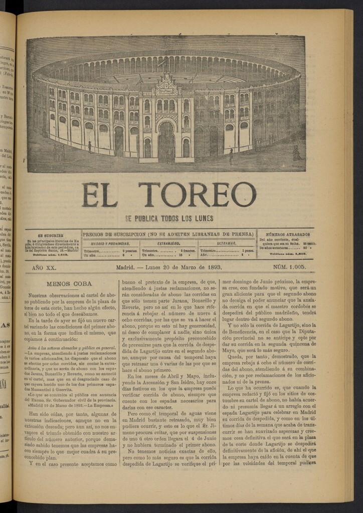 Miniatura de El Toreo: suplemento a "La Correspondencia Teatral" del 20 de marzo de 1893, nº 1005