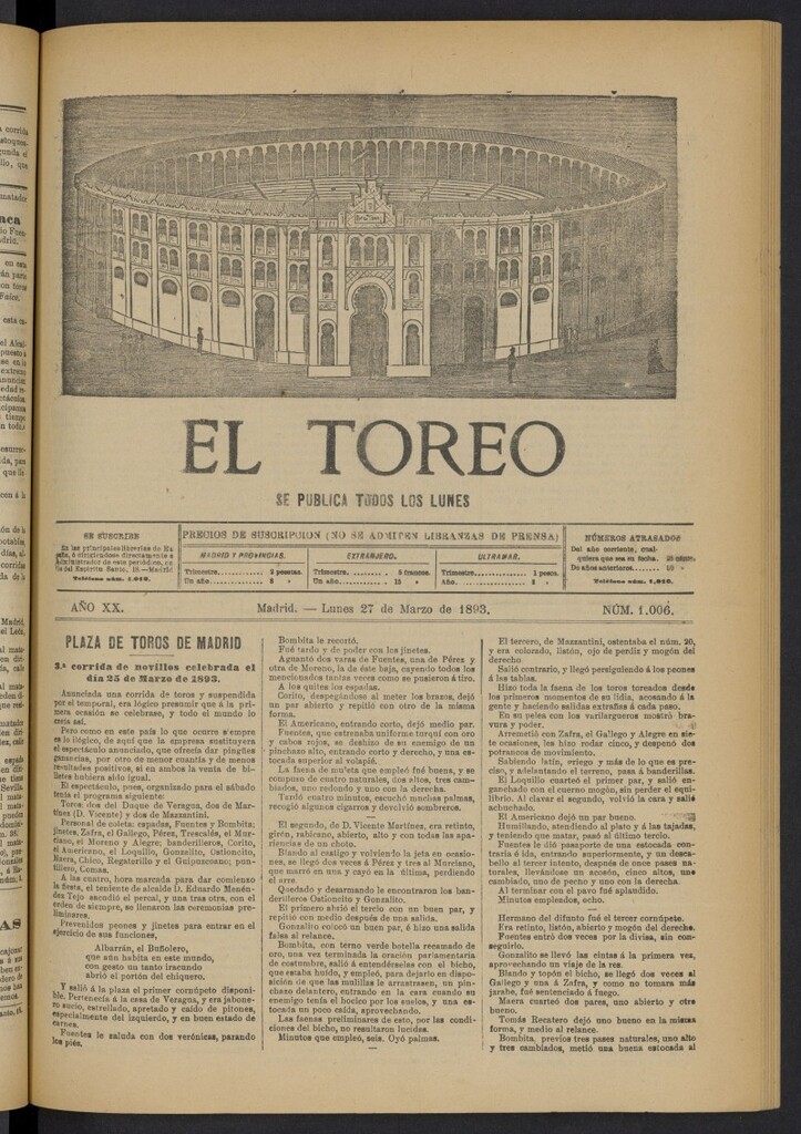 Miniatura de El Toreo: suplemento a "La Correspondencia Teatral" del 27 de marzo de 1893, nº 1006