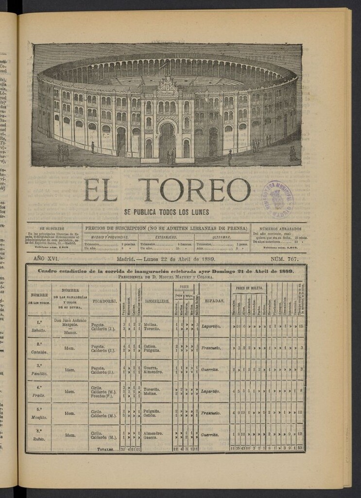 Miniatura de El Toreo: suplemento a "La Correspondencia Teatral" del 22 de abril de 1889, nº 767