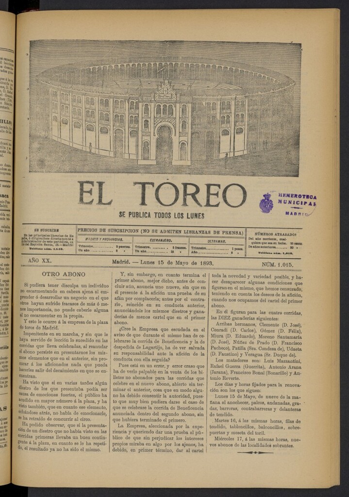 Miniatura de El Toreo: suplemento a "La Correspondencia Teatral" del 15 de mayo de 1893, nº 1015