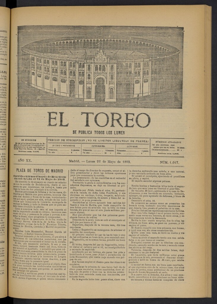 Miniatura de El Toreo: suplemento a "La Correspondencia Teatral" del 22 de mayo de 1893, nº 1017
