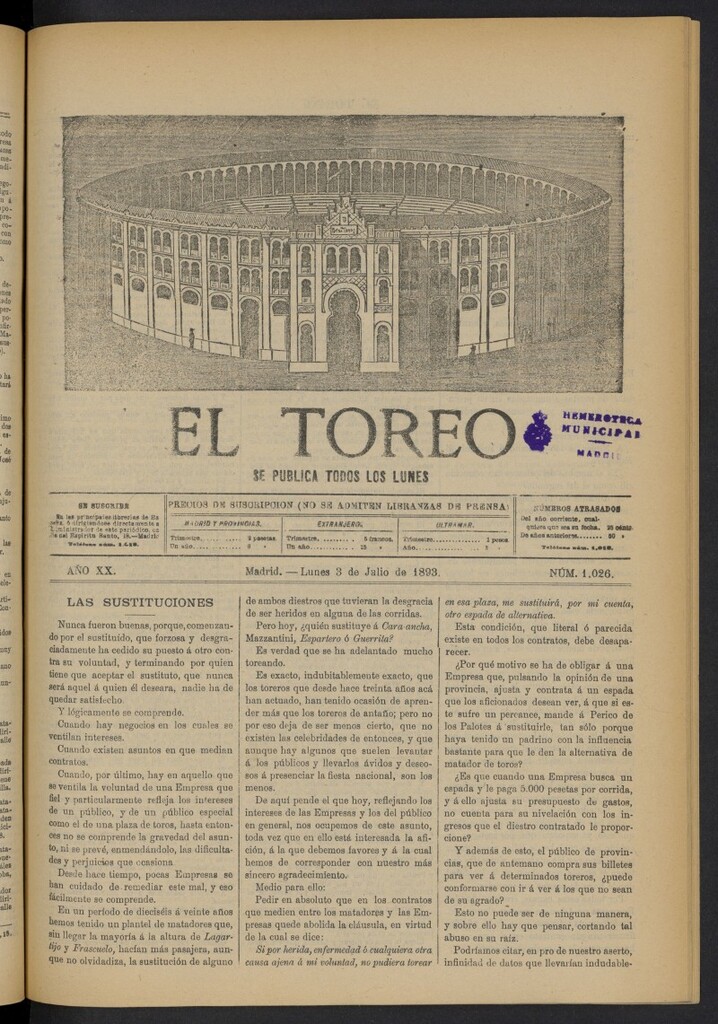 Miniatura de El Toreo: suplemento a "La Correspondencia Teatral" del 3 de julio de 1893, nº 1026