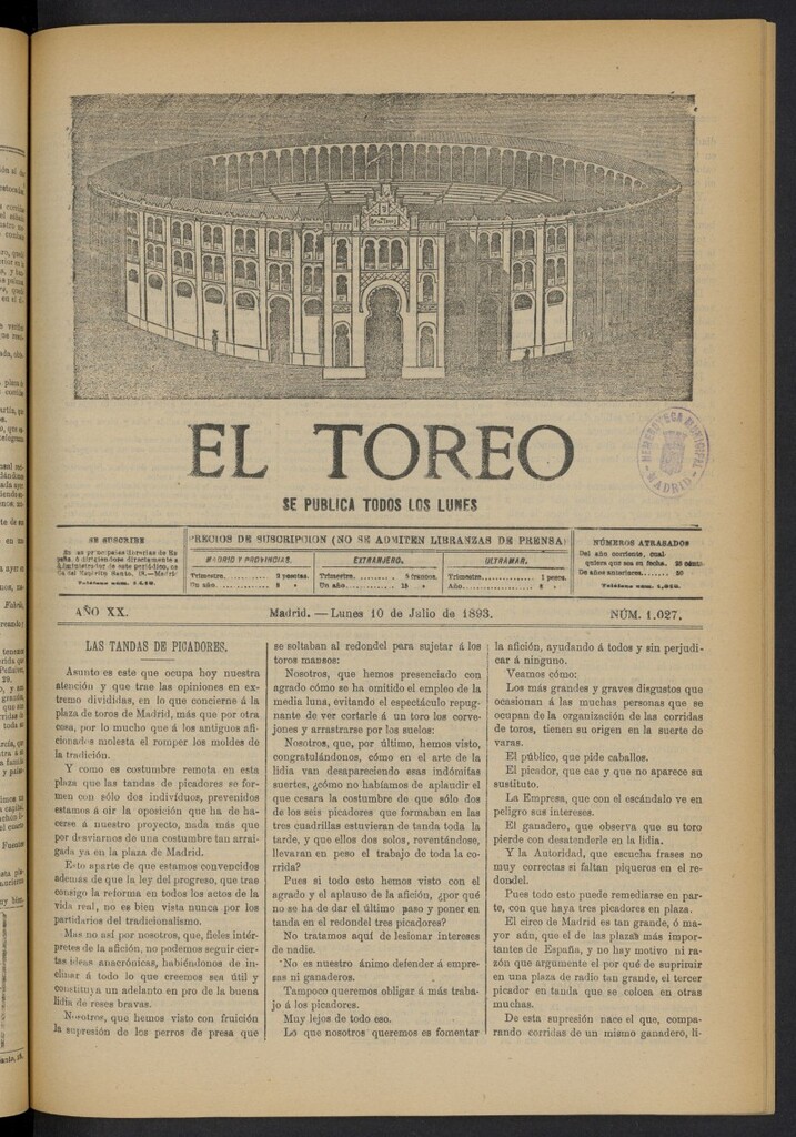 Miniatura de El Toreo: suplemento a "La Correspondencia Teatral" del 10 de julio de 1893, nº 1027