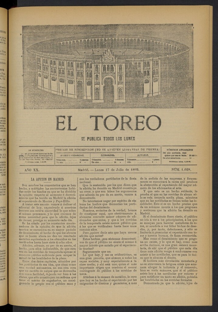 Miniatura de El Toreo: suplemento a "La Correspondencia Teatral" del 17 de julio de 1893, nº 1028
