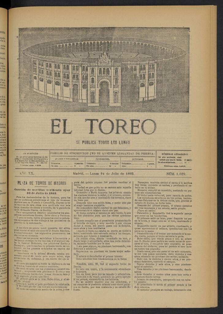Miniatura de El Toreo: suplemento a "La Correspondencia Teatral" del 24 de julio de 1893, nº 1029