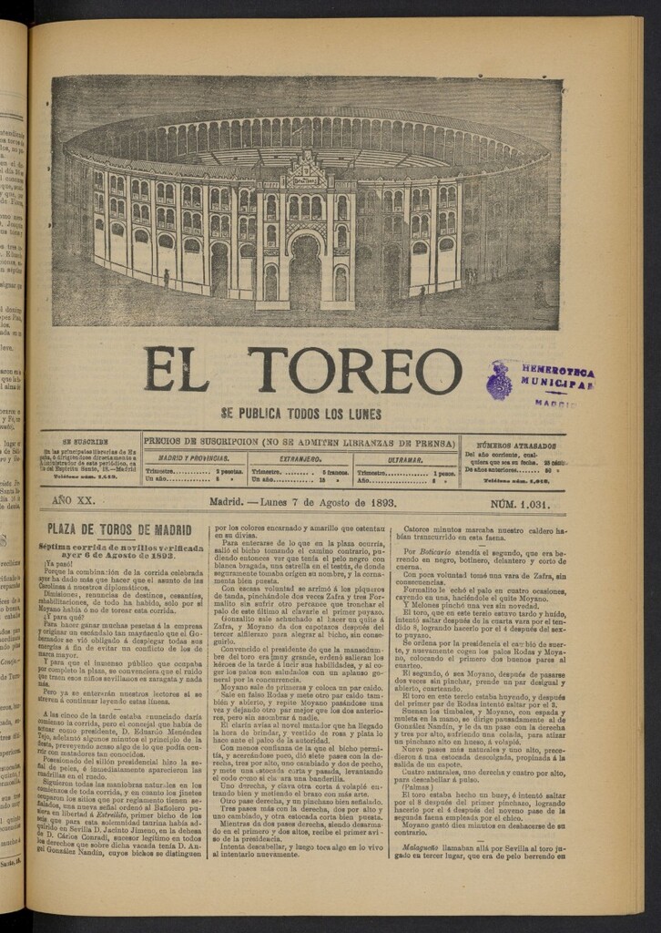 Miniatura de El Toreo: suplemento a "La Correspondencia Teatral" del 7 de agosto de 1893, nº 1031