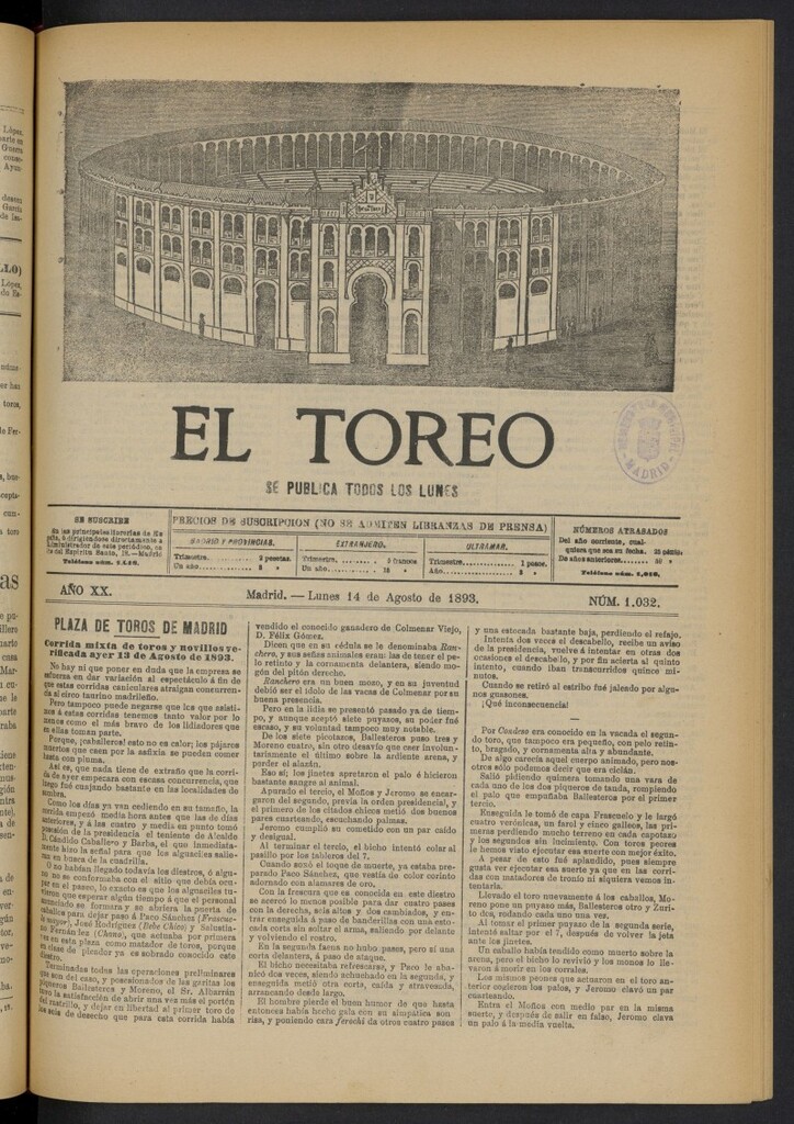 Miniatura de El Toreo: suplemento a "La Correspondencia Teatral" del 14 de agosto de 1893, nº 1032