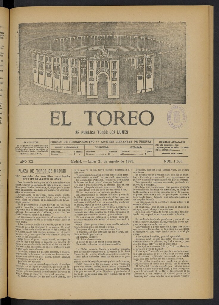 Miniatura de El Toreo: suplemento a "La Correspondencia Teatral" del 21 de agosto de 1893, nº 1033