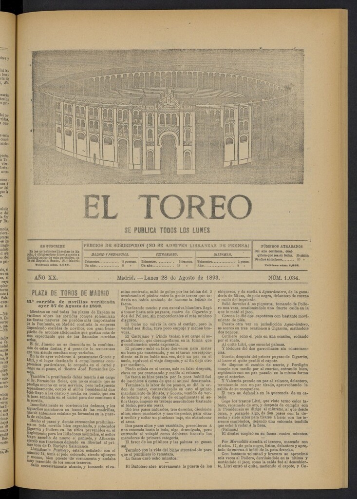 Miniatura de El Toreo: suplemento a "La Correspondencia Teatral" del 28 de agosto de 1893, nº 1034