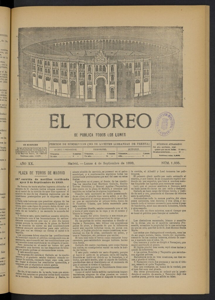 Miniatura de El Toreo: suplemento a "La Correspondencia Teatral" del 4 de septiembre de 1893, nº 1035