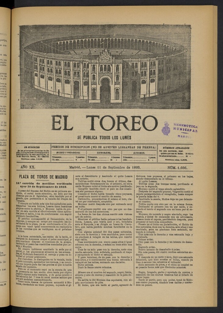 Miniatura de El Toreo: suplemento a "La Correspondencia Teatral" del 11 de septiembre de 1893, nº 1036