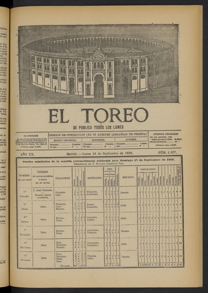 Miniatura de El Toreo: suplemento a "La Correspondencia Teatral" del 18 de septiembre de 1893, nº 1037
