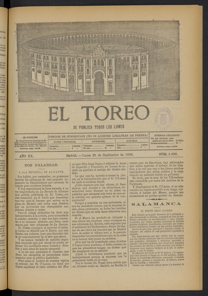 Miniatura de El Toreo: suplemento a "La Correspondencia Teatral" del 25 de septiembre de 1893, nº 1038