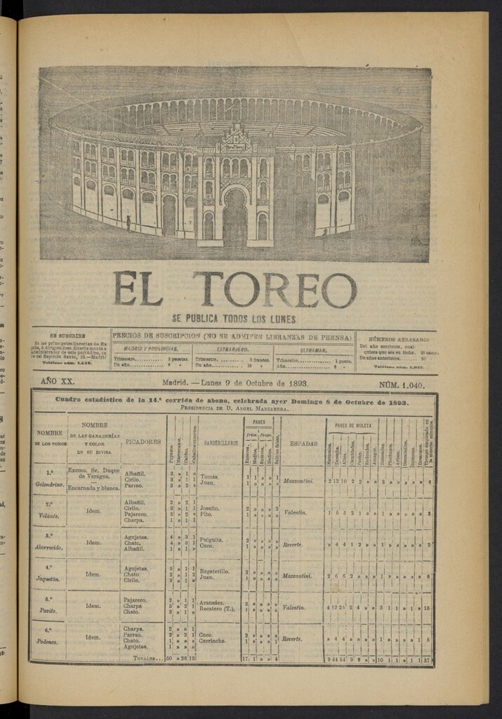 Miniatura de El Toreo: suplemento a "La Correspondencia Teatral" del 9 de octubre de 1893, nº 1040