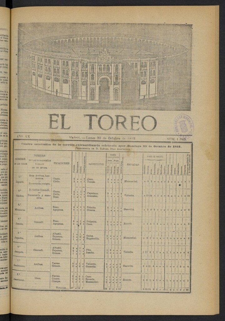 Miniatura de El Toreo: suplemento a "La Correspondencia Teatral" del 30 de octubre de 1893, nº 1043