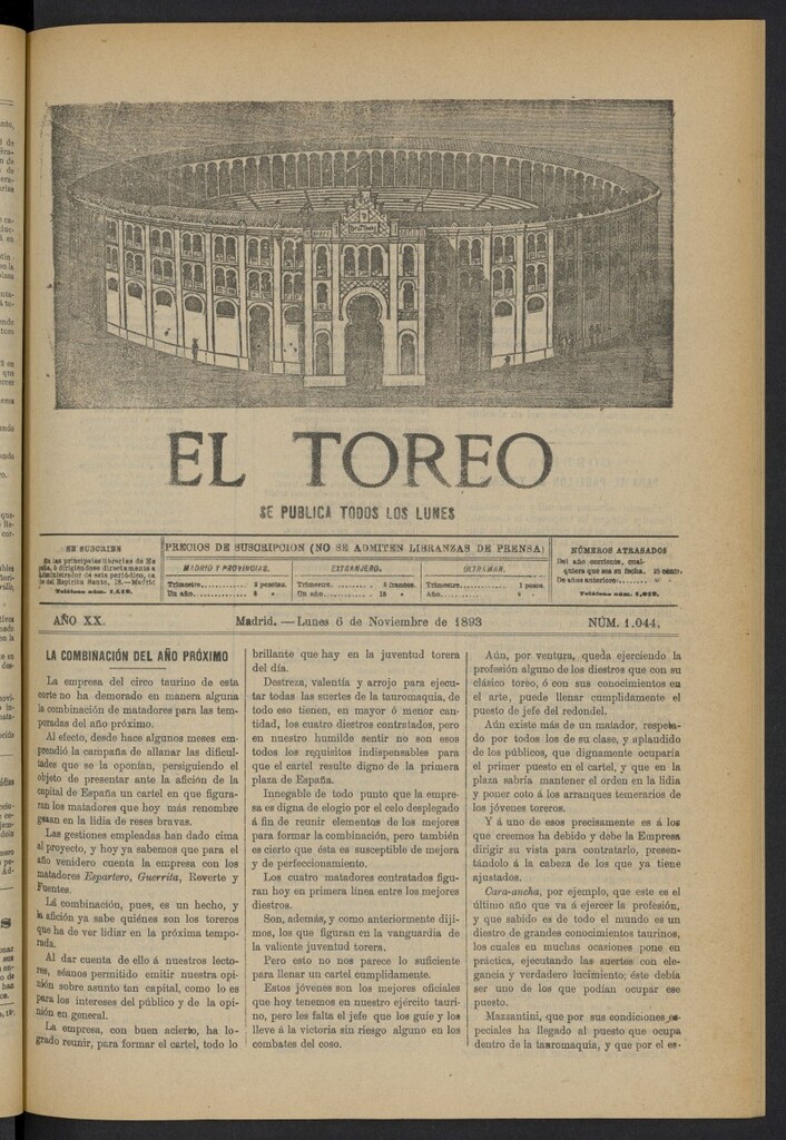 Miniatura de El Toreo: suplemento a "La Correspondencia Teatral" del 6 de noviembre de 1893, nº 1044