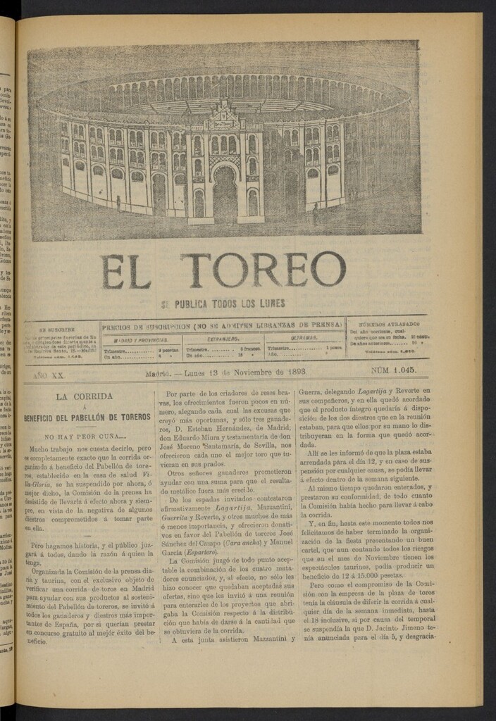 Miniatura de El Toreo: suplemento a "La Correspondencia Teatral" del 13 de noviembre de 1893, nº 1045