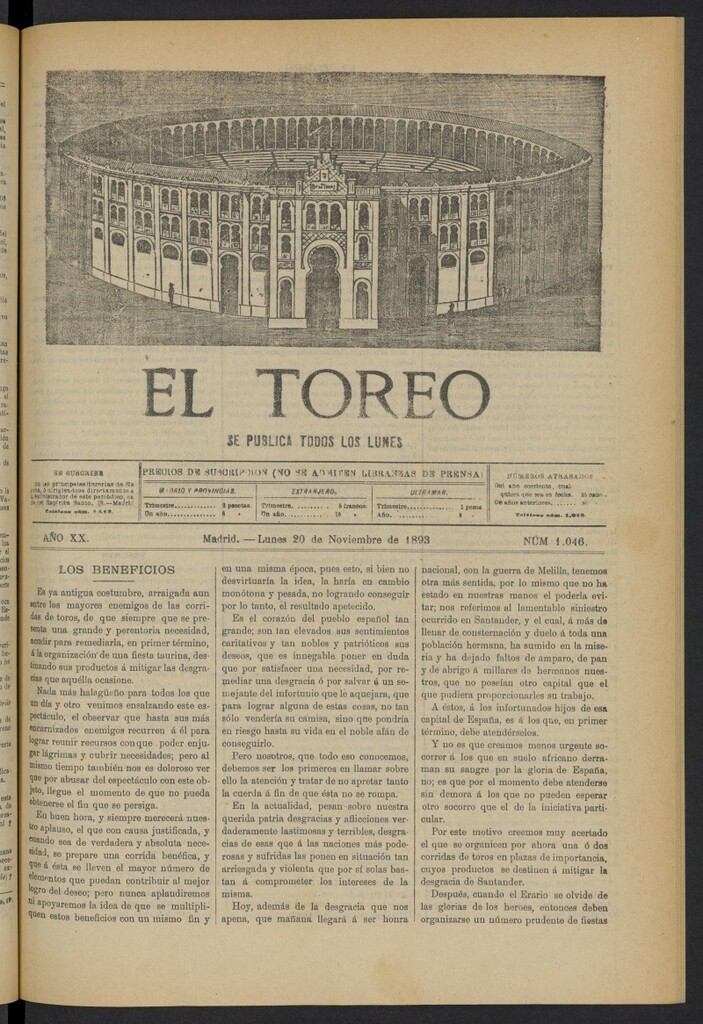 Miniatura de El Toreo: suplemento a "La Correspondencia Teatral" del 20 de noviembre de 1893, nº 1046