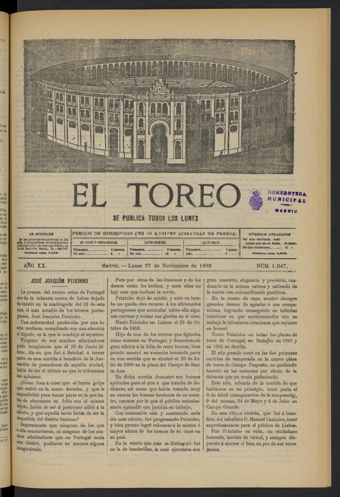 Miniatura de El Toreo: suplemento a "La Correspondencia Teatral" del 27 de noviembre de 1893, nº 1047