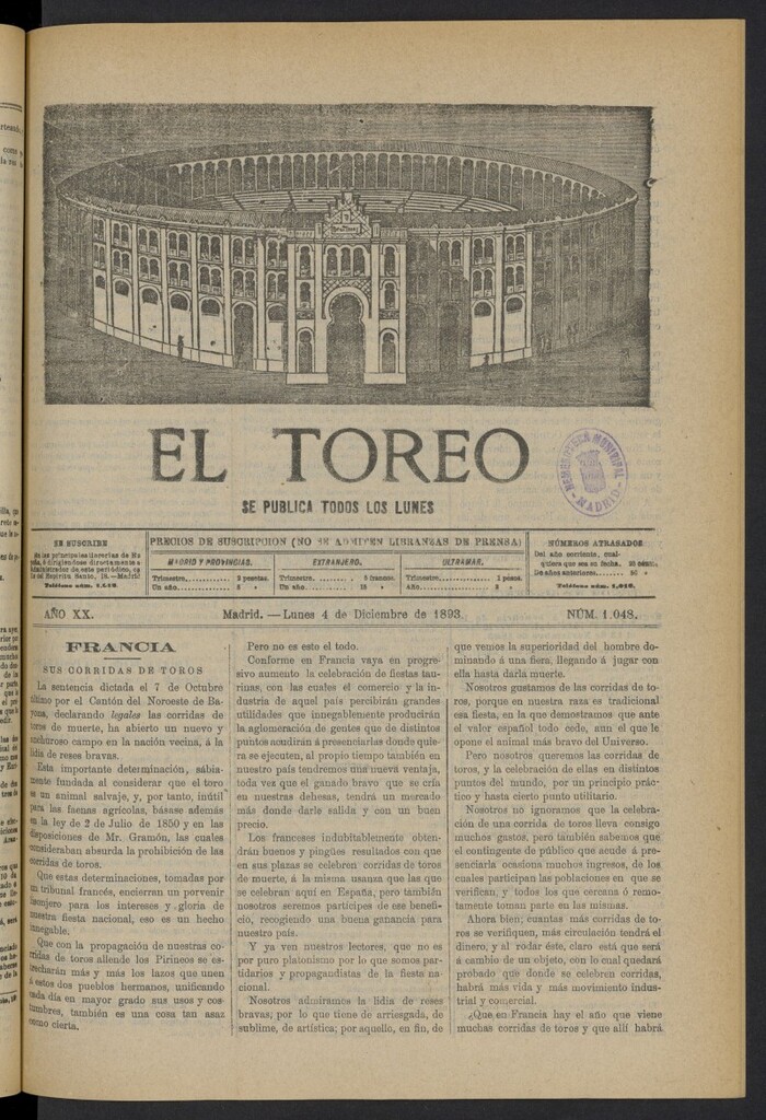 Miniatura de El Toreo: suplemento a "La Correspondencia Teatral" del 4 de diciembre de 1893, nº 1048