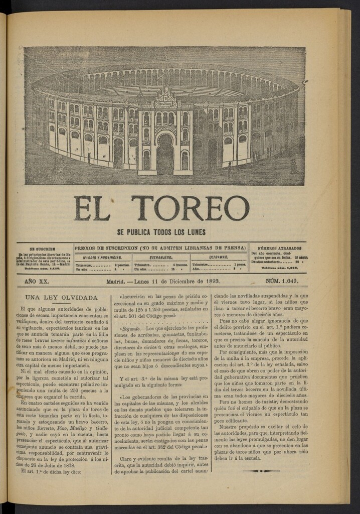 Miniatura de El Toreo: suplemento a "La Correspondencia Teatral" del 11 de diciembre de 1893, nº 1049