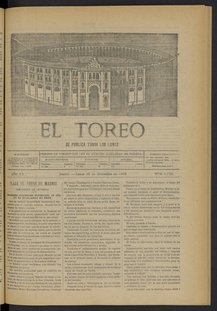 Miniatura de El Toreo: suplemento a "La Correspondencia Teatral" del 18 de diciembre de 1893, nº 1050