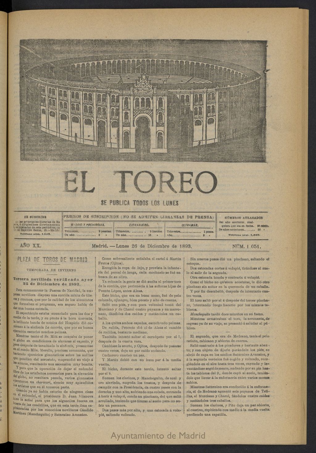 Miniatura de El Toreo: suplemento a "La Correspondencia Teatral" del 26 de diciembre de 1893, nº 1051